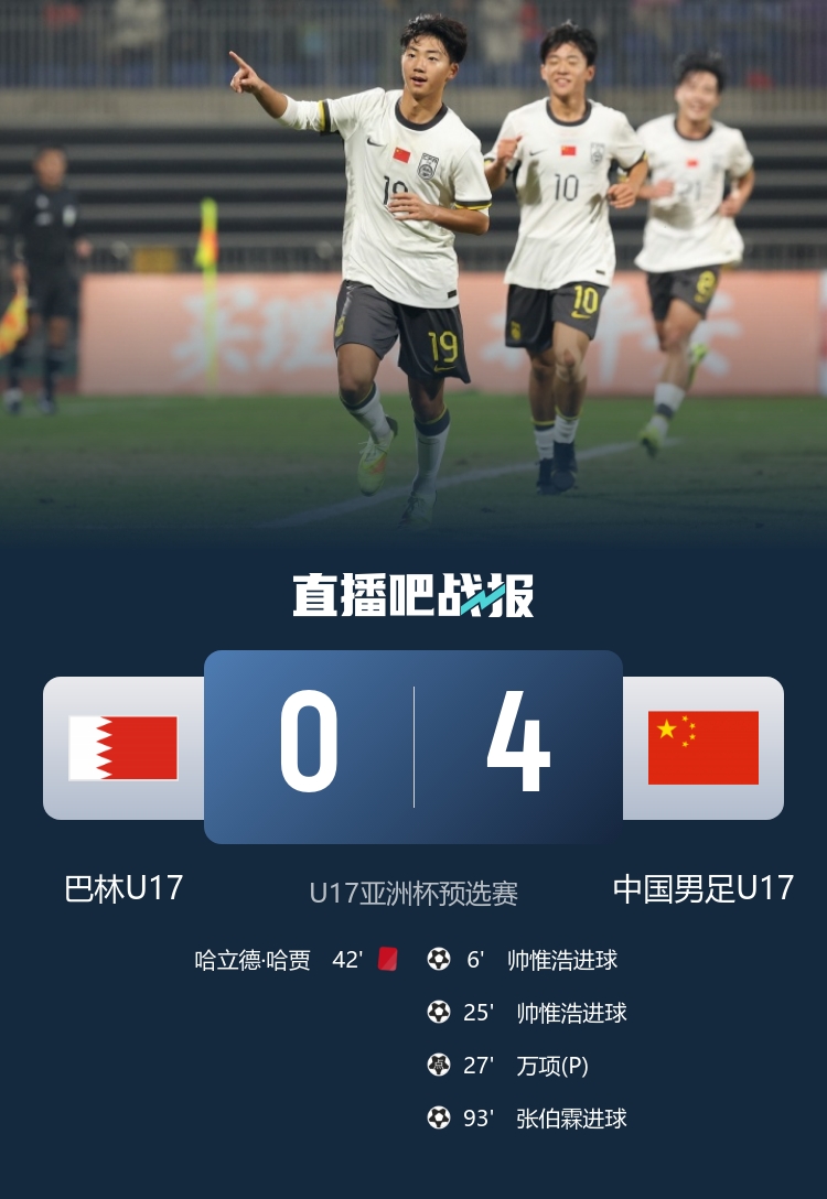 帅惟浩双响万项传射,U16国足4-0十人巴林取开门红 帅惟浩双响万项传射,U16国足4-0十人巴林取开门红