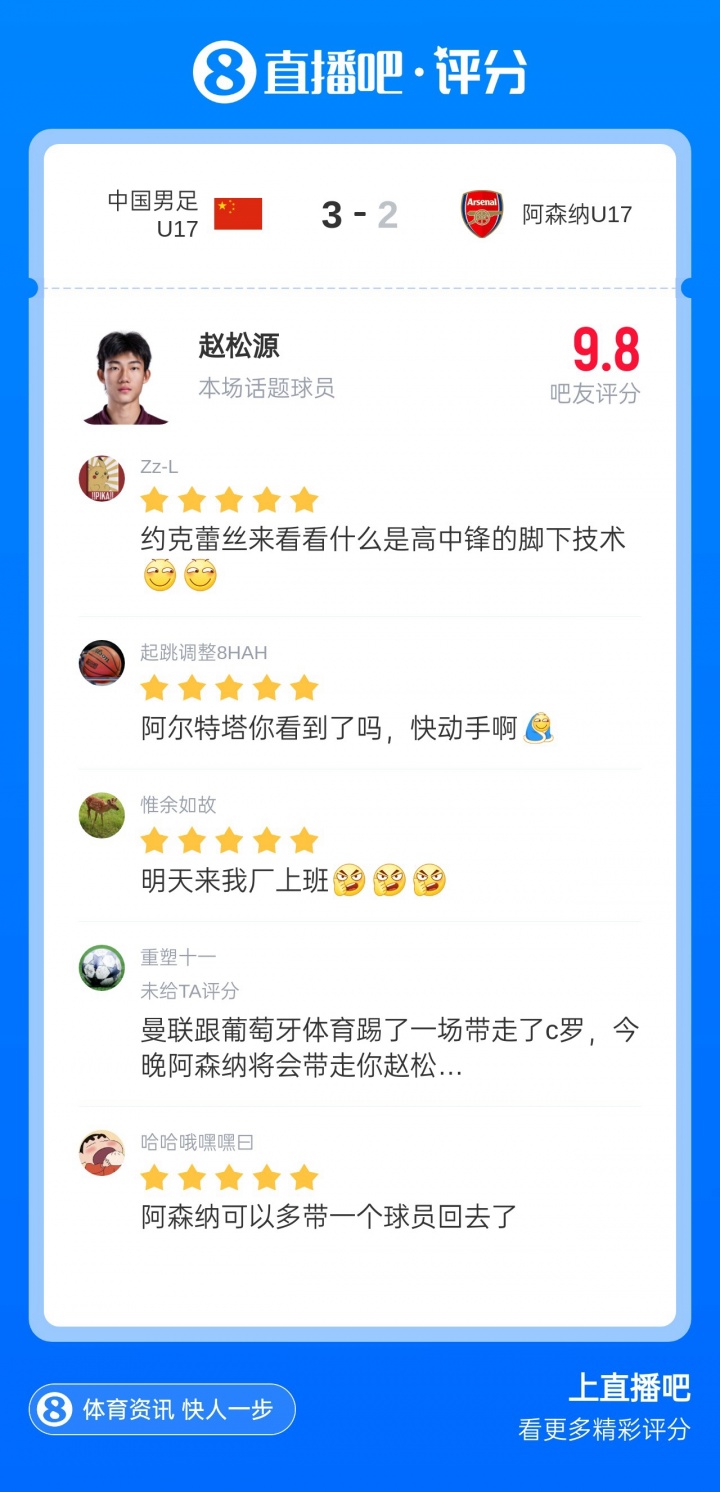 赵松源一条龙梅开二度 中国U17读秒绝杀阿森纳U17